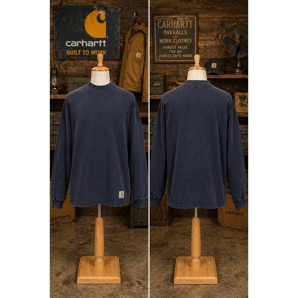 Carhartt Mock Neck Long Sleeve Tee XL Navy Faded Workwear Shirt
